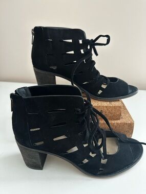 Vince Camuto Tressa Lace-Up Peep Toe Black Suede Booties featuring a block heel